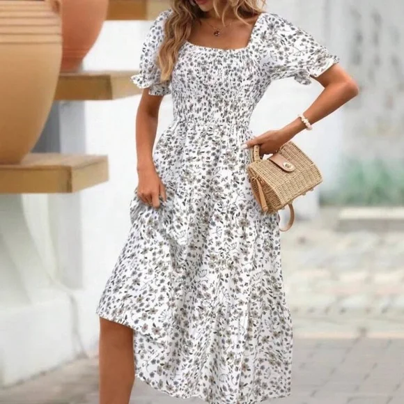 Black Floral Midi Dress with Smocked Bodice - Picture 5 of 9